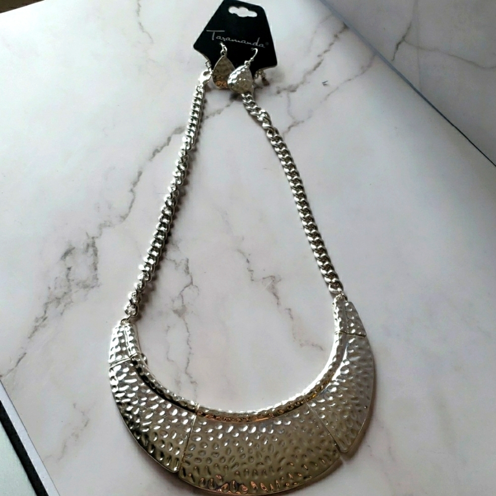 Taramanda Silvertone Pounded Textured Segmented Crescent Necklace & Earring Set